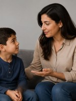صورة لأم تتحدث بهدوء مع طفلها