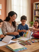 صورة لاستعدادات الأم مع الأطفال للعام المنظم دون فوضى