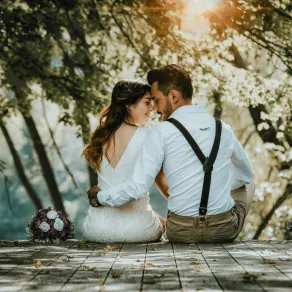 زوجان في جلسة رومانسية تحتضنهما الطبيعة 