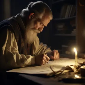 العظماء لديهم عادات كرست لنجاحاتهم على رأسها الجد والاجتهاد ومواجهة المشكلات بذكاء ومرونة - المصدر: freepik أحد العظماء من القدماء يدون احد ابتكاراته الهامة