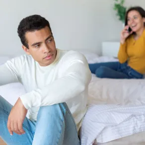 زوج يبدو غيورا غاضبًٍا من زوجته ومتضايق وهي تتحدث بالهاتف 