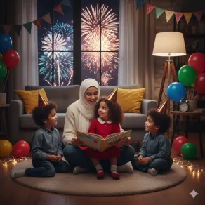تم توليدها بواسطة الذكاء الاصطناعي قصص للأطفال عن قدوم العام الجديد 2026 صورة أم تقرأ القصص - تم توليدها بواسطة الذكاء الاصطناعي