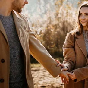 زوجة محبة تنظر لزوجها بشوق وتمسك بيده بدفء