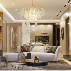 منطقة معيشة تتبع النمط المفتوح في التصميم مع إضاءة مميزة