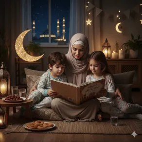 قصة "صيام نصف نهار وصبر يوم كامل" للأطفال بين عمر 7و9 سنوات صورة أم تقرأ لطفليها قصة - الصورة من ابتكار الذكاء الاصطناعي