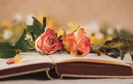 رواية رومانسية مفتوحة فوق صفحاتها زهور  جميلة