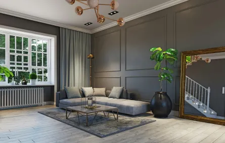 غرفة معيشة مودرن مزودة بمرآة