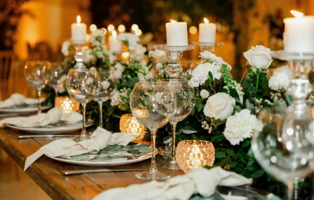 طاولات المدعوين إلى حفل الزفاف مزينة 