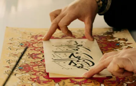 فتاة كتبت عبارة بسم الله الرحمن الرحيم بخط جميل وتضعها فوق لوحة رسمتها بألوان جميلة 