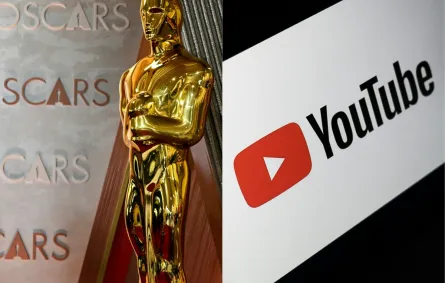شعار يوتيوب وتمثال الأوسكار (يسارًا) في هوليوود، كاليفورنيا (  The YouTube logo and an Oscar statuette (left) in Hollywood, California ).  مصدر الصورة:ANGELA WEISS / AFP