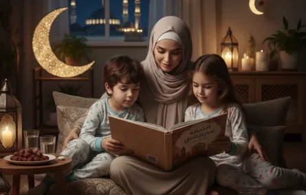 صورة أم تقرأ لطفليها قصة - الصورة من ابتكار الذكاء الاصطناعي