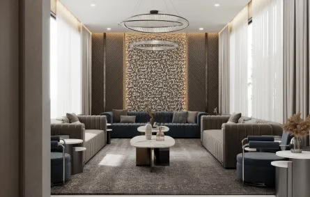 مجلس مزين بجدارية منفذة بالخط العربي