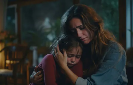 صورة لطفلة تخفي شيئا عن أمها وهي تحتضنها
