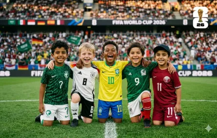 صورة 5 أطفال من 4 فرق غي كأس العالم "صورة تعبيرية - أُنشئت بالذكاء الاصطناعي"
