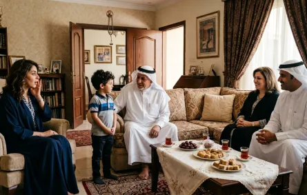 صوةر تعبر عن طفل مثالي مع الضيوف مع استغراب الأم