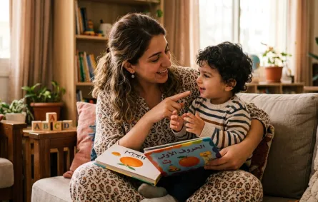 صورة لأم تعلم طفلها النطق الصحيح