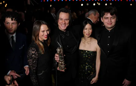Jane Erin Carrey, Jim Carrey, Min Ah and Jackson Riley pose during the 51st Cesar Film Awards at L'Olympia on February 26, 2026 in Paris, France. (Photo by Francois Durand/Getty Images)
