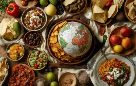 مجموعة من الأغذية ومجسم للكرة الأرضية