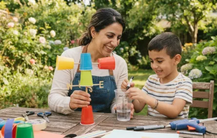 صورة لأم تصنع مع طفلها دوارة رياح ومقياساً للمطر