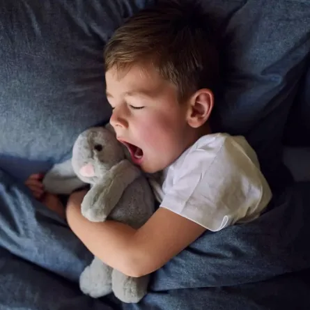 صورة لطفل نائم  يحتضن لعبته