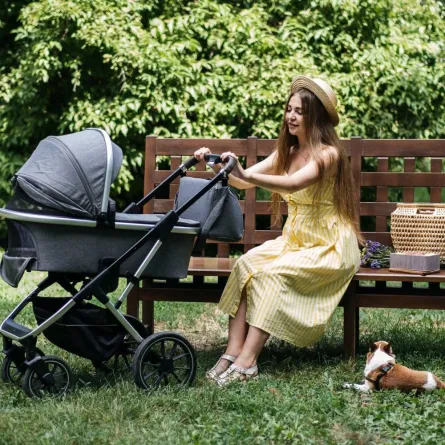 صورة لأم تهدهد طفلها داخل العربة