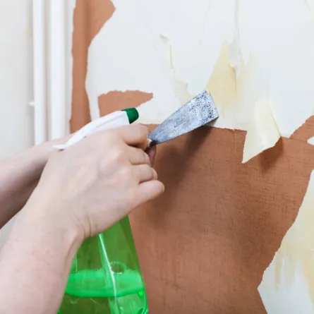 من المُفيد الاستعانة بسكين المعجون لرفع زاوية الورقة، فاستخدام اليد في تقشير ورق الجدران 