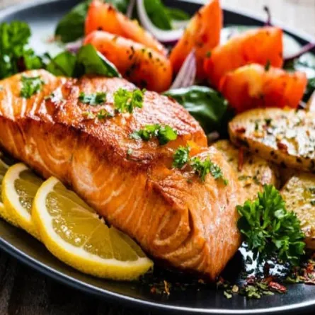 صورة لطبق من السلمون والخضروات 