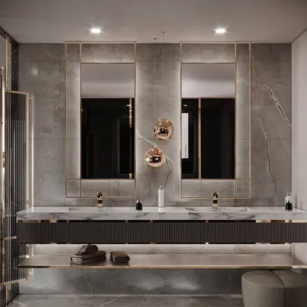 مواد فاخرة وألوان متداخلة في الحمامات الفخمة