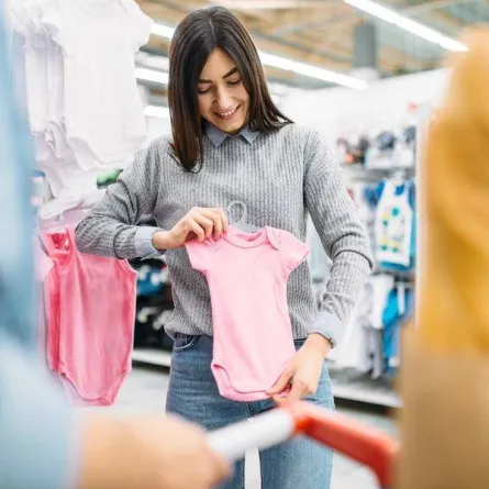 صورة لأم تختار ملابس لطفلها