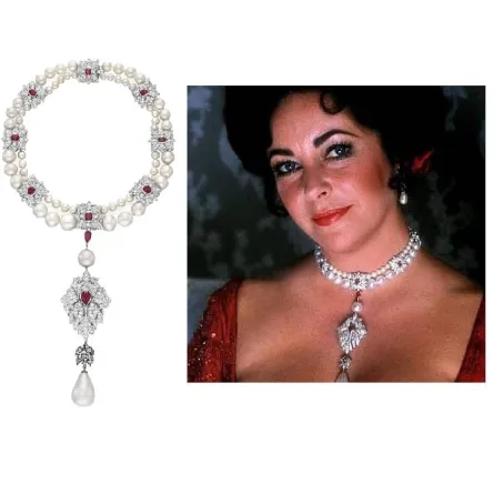 صورة إليزابيث تايلور من صفحتها الرسمية على انستغرام وصورة العقد من موقع دار المزادات البريطانية Christie's