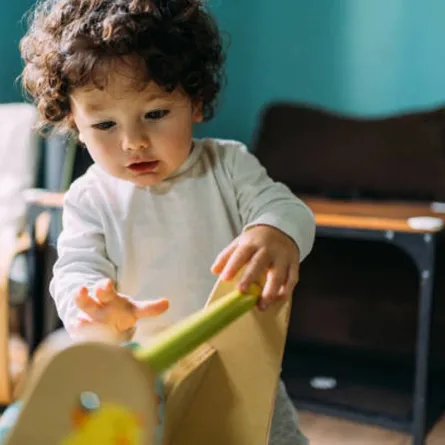 صورة لطفل يرتكز على مشاية ذات دفع أمامي