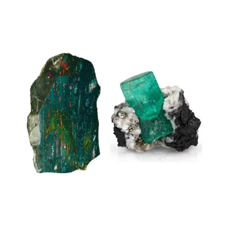 حجر الزمرد الكريم على اليمين وحجر Bloodstone شبه الكريم على اليمين- الضورة من موقع معهد الأحجار الكريمة الأمريكية GIA