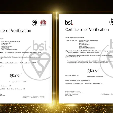 هيئة كهرباء ومياه دبي تحصل على شهادتي الأيزو في حوكمة أمن المعلومات وحوكمة تقنية المعلومات