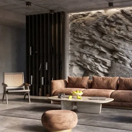 الحجر الطبيعي يُستخدم في تكسية جدران غرفة الجلوس