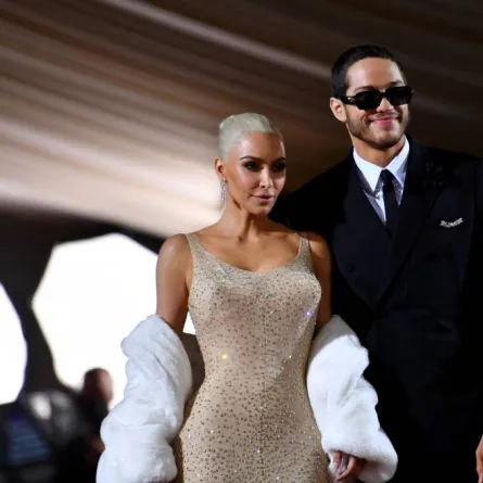 US socialite Kim Kardashian and comedian Pete Davidson arrive for the 2022 Met Gala at the Metropolitan Museum of Art on May 2, 2022, in New York. The Gala raises money for the Metropolitan Museum of Art's Costume Institute. The Gala's 2022 theme is "In America: An Anthology of Fashion". ANGELA WEISS / AFP