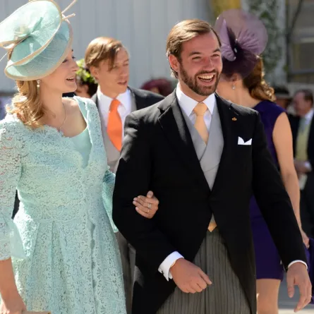 Princess Stephanie of Luxembourg and Prince Guillaume of Luxembourg pose for photographers after the Wedding Ceremony of Prince Felix of Luxembourg with German student Claire Lademacher on September 21, 2013 at the Saint Mary Magdalene Basilica in Saint-Maximin-La-Sainte-Baume, southern France. ANNE-CHRISTINE POUJOULAT / AFP
