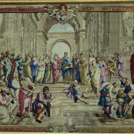 This photograph shows the restored tapestry 'l’ecole d’Athenes', a copy of a fresco by the Italian Renaissance artist Raphael, following its unveiling at The National Assembly in Paris on September 15, 2020. MARTIN BUREAU / AFP
