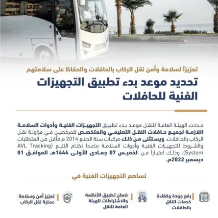 هيئة النقل تُعلن موعد بدء تطبيق التجهيزات الفنية للحافلات