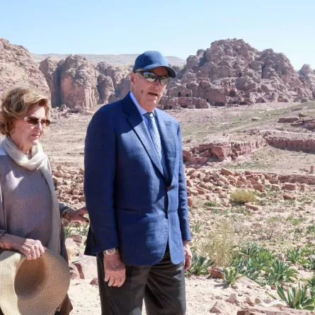 King Harald V of Norway and his wife Queen Sonja visit Jordan's archaeological city of Petra, south of the capital Amman, on March 4, 2020.Khalil MAZRAAWI / AFP