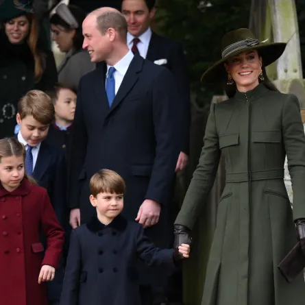 Princess Charlotte of Wales, Prince George of Wales, Prince William, Prince of Wales, Prince Louis of Wales and  Catherine, Princess of Wales at St Mary Magdalene Church in Sandringham, Norfolk, eastern England, on December 25, 2022. Daniel LEAL / AFP
