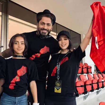 تامر حسني وزوجته بسمة بوسيل من كاس العالم - الصورة من حساب تامر حسني على إنستغرام