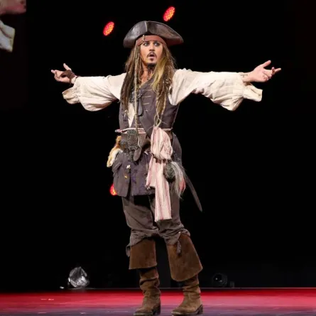 ANAHEIM, CA - AUGUST 15: Actor Johnny Depp, dressed as Captain Jack Sparrow, of PIRATES OF THE CARIBBEAN: DEAD MEN TELL NO TALES took part today in "Worlds, Galaxies, and Universes: Live Action at The Walt Disney Studios" presentation at Disney's D23 EXPO 2015 in Anaheim, Calif. Jesse Grant/Getty Images for Disney/AFP Jesse Grant / GETTY IMAGES NORTH AMERICA / Getty Images via AFP