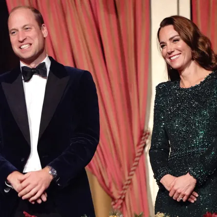 Britain's Prince William, Duke of Cambridge (L) and Britain's Catherine, Duchess of Cambridge (R) smile after watching the Royal Variety Performance at the Royal Albert Hall in London on November 18, 2021. The Royal Variety Performance takes place every year, in aid of the Royal Variety Charity, of which Her Majesty The Queen is Patron. The money raised from the show helps hundreds of entertainers throughout the UK, who need help and assistance as a result of old age, ill-health, or hard times. Jonathan Bra