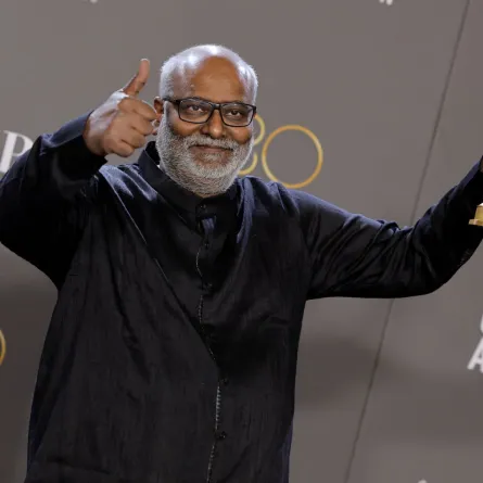 M. M. Keeravani poses with the Best Original Song award for "Naatu Naatu" for "RRR" in the press room during the 80th Annual Golden Globe Awards at The Beverly Hilton on January 10, 2023 in Beverly Hills, California. Amy Sussman/Getty Images/AFP