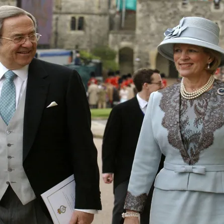 Greek King Constantin and Princess Anne-Marie arrive at the Georges Chapel at Windsor Castle 09 April 2005 for the blessing of the civil wedding for Prince Charles and Camilla Parker Bowles. MARTYN HAYHOW / AFP