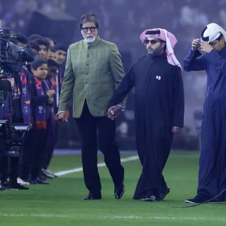Indian actor and former member of the Lok Sabha (Indian parliament) Amitabh Bachchan (L), Turki al-Sheikh, Minister and the current Chairman of General Authority (C), and PSG chairman Nasser al-Khelaifi (R) are pictured ahead of the Riyadh Season Cup between the Riyadh All-Stars and Paris Saint-Germain at the King Fahd Stadium in Riyadh on January 19, 2023. Fayez NURELDINE / AFP