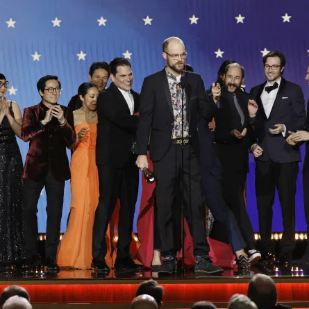 (L-R) Shirley Kurata, Ke Huy Quan, Stephanie Hsu, Harry Shum Jr., Jonathan Wang, Daniel Scheinert, Paul Rogers, Zak Stoltz, and Jon Read accept the Best Picture award for "Everything Everywhere All at Once" onstage during the 28th Annual Critics Choice Awards at Fairmont Century Plaza on January 15, 2023 in Los Angeles, California. Kevin Winter/Getty Images for Critics Choice Association/AFP