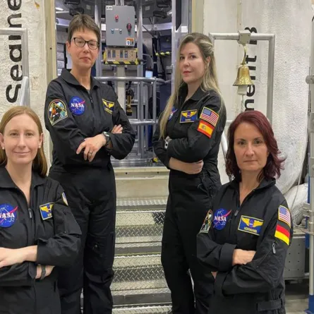 he crew for the next mission of NASA's Human Exploration Research Analog, or HERA, stand outside the HERA habitat Pictured from left to right: Katie Koube, Kimberly Knish, Vanesa Gomez Gonzalez, and Sandra Herrmann. Credits: Credit: NASA
