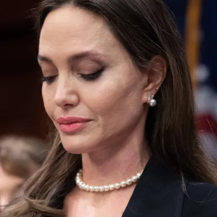 Actress Angelina Jolie speaks during a press conference announcing a bipartisan modernized Violence Against Women Act (VAWA), on Capitol Hill in Washington, DC, on February 9, 2022. SAUL LOEB / AFP