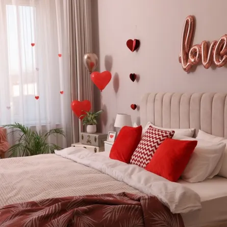 غرفة النوم مزينة بطريقة جذابة في يوم الحب